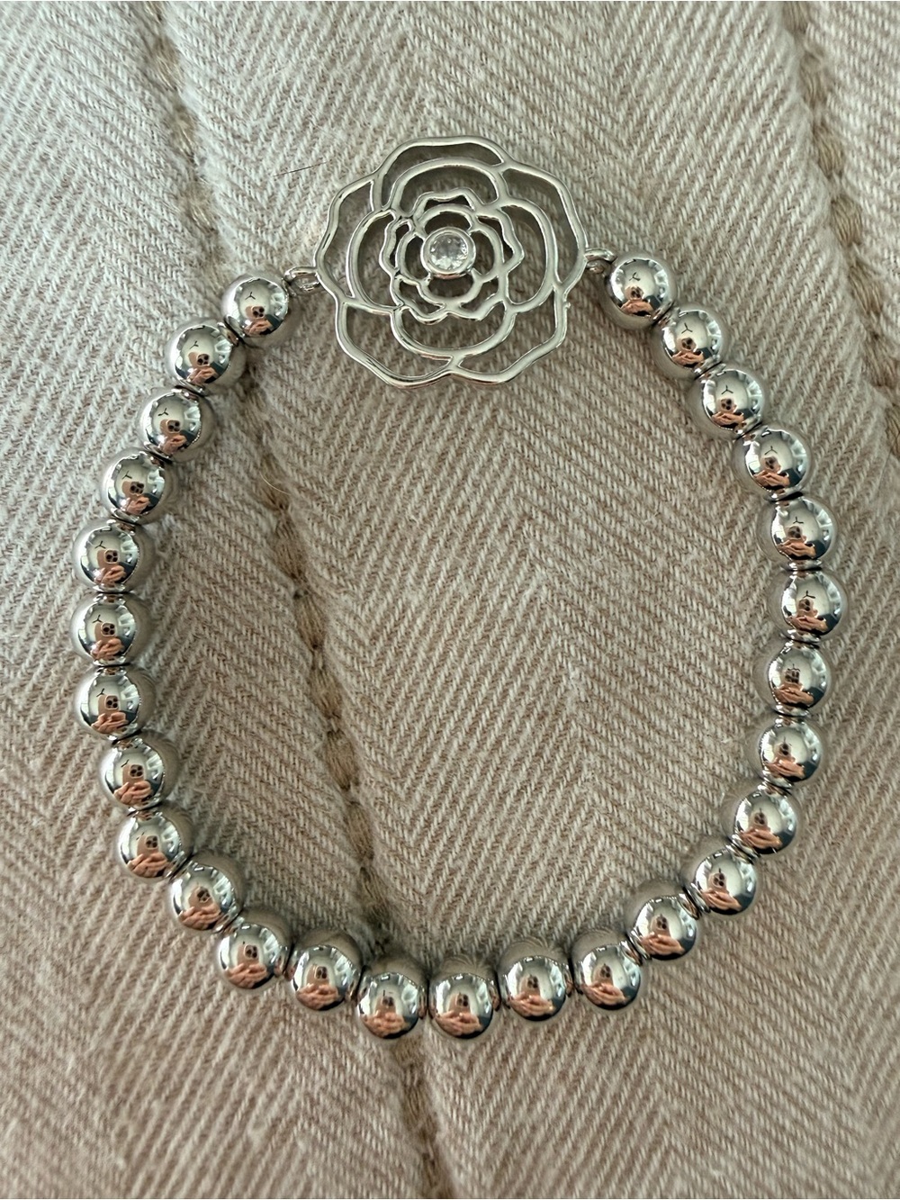 Silver Camellia Flower Beaded Stretch Bracelet